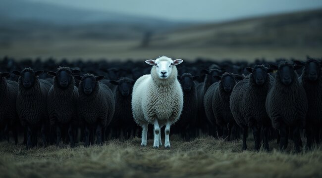 A 3d white sheep among black sheep represents inverted concept of leadership and individuality, rejecting societal norms and embracing rebellion in the crowd.