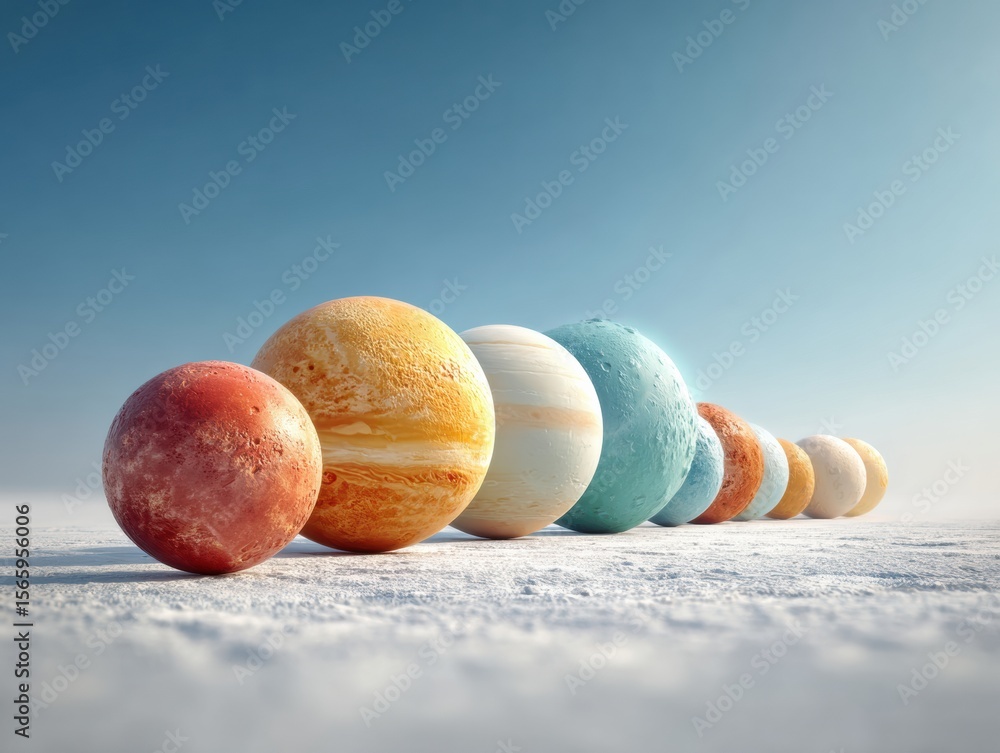Poster cosmic planet alignment with detailed textures in clear space, symbolizing scientific innovation and
