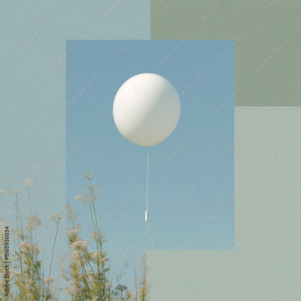 Poster Innovative White Weather Balloon Ascending in Clear Sky with Scientific Instrument for Advanced Atmospheric Data and Climate Monitoring Research