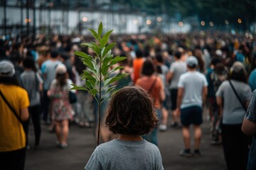 Fototapeta premium Vibrant Urban Gathering with a Close-Up Focus on a Young Person Holding a Plant Sapling in a Diverse Crowd