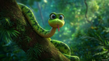 Fototapeta premium **A cartoon jungle snake wrapped playfully around a tree trunk, with its tongue out and smiling under dappled green sunlight