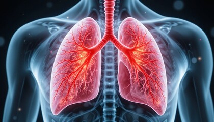 Human lungs anatomy with glowing neural connections, highlighting respiratory system and bronchial network. Futuristic medical concept. High-resolution 3D illustration
