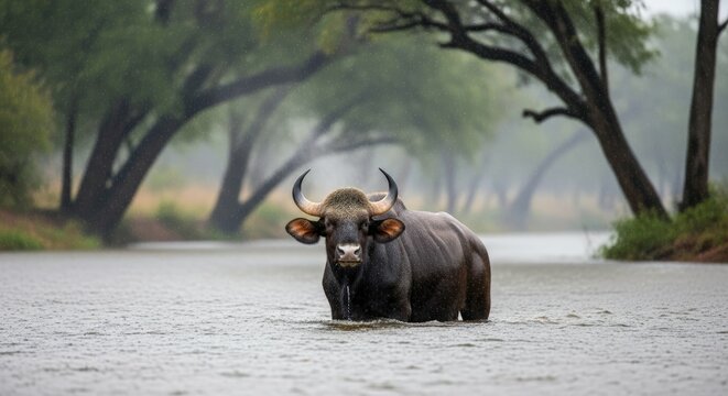 Ai generated image of a majestic gaur stands in a tranquil river during a gentle rain
