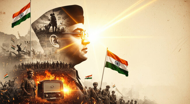 Ai generated image of a powerful portrait of a soldier with the indian flag, symbolizing patriotism and independence