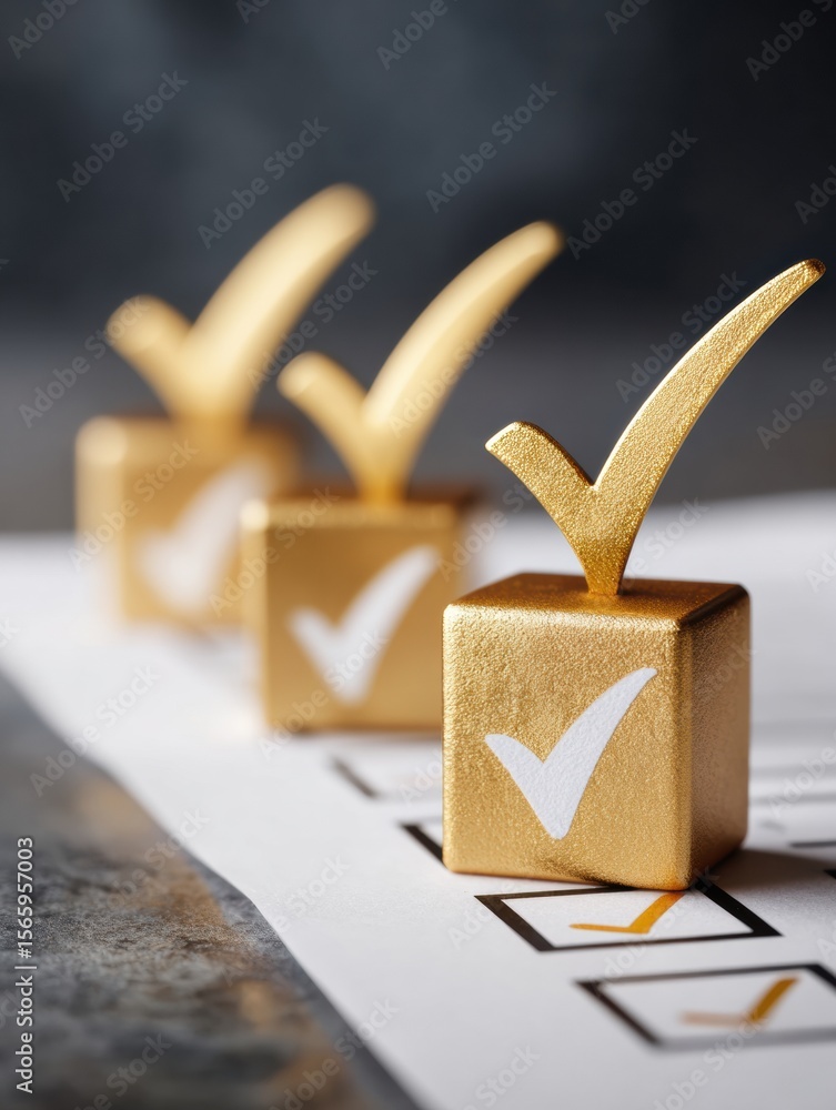 Aufkleber Golden Completion Mark Checklist with Large Check Marks on Document Symbolizing Reliable Workflow and Business Success in Modern Professional Settings