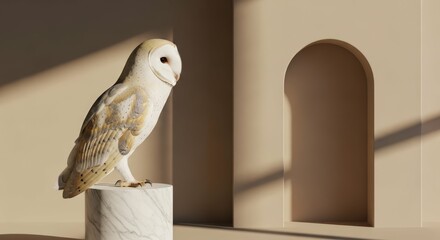 Ai generated image of a barn owl sits calmly on a marble column, isolated against a beige background