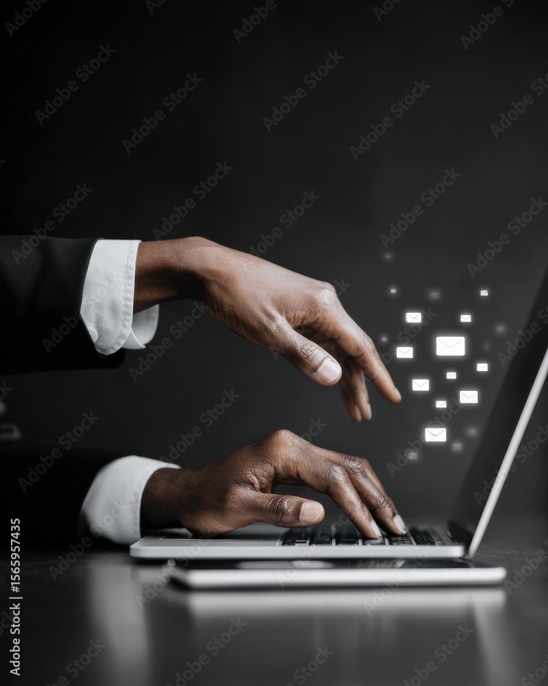 Leinwandbilder Modern AI-Driven Communication Concept with Hands Typing on Laptop and Digital Email Interface in Tech Business Workspace