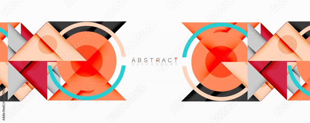 Poster geometric shapes overlap, creating dynamic abstract composition. orange, teal, gray colors dominate 