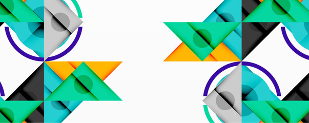 Geometric pattern features triangles, circles, squares. Teal, orange, gray hues create symmetrical design. Minimalist aesthetic.