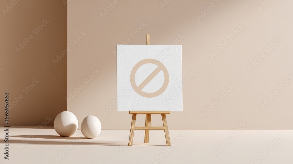 Poster Minimalist No Entry Sign on Canvas with Wooden Easel on Neutral Background for Business Communication and Clear Rule Presentation
