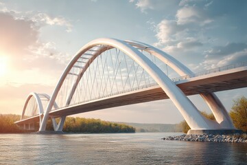 Fototapeta premium Stunning Modern Arch Bridge at Sunrise Over Calm River with Scenic Landscape and Blue Sky
