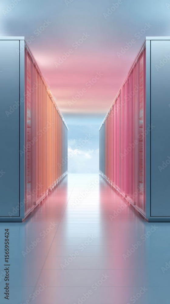 Poster Professional Modern Data Center Server Racks with Uptime Monitoring and Digital Security for Reliable Network Performance in Tech Marketing Content