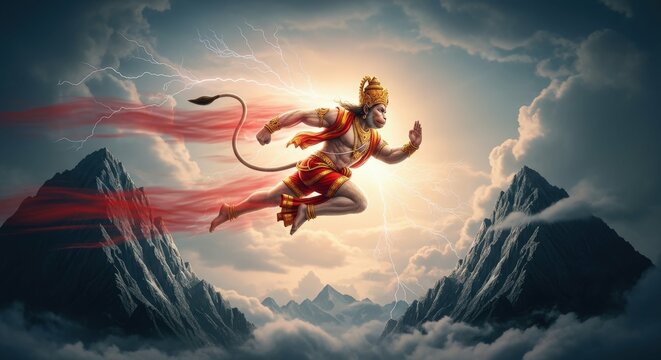 Ai generated image of hanuman, the powerful hindu god, flies dynamically over majestic mountains