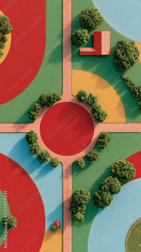 Poster Vibrant aerial view of colorful geometric park design with pathways and trees in modern urban landscape for creative branding and digital marketing content