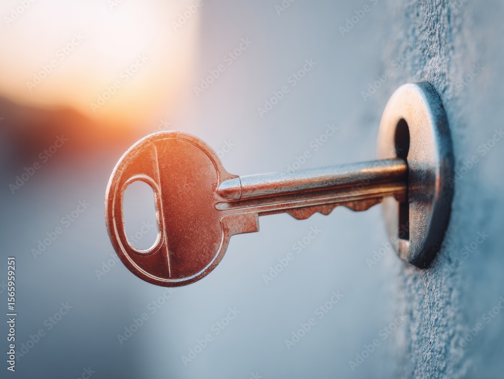 Poster Metallic Key in Door Lock with Soft Dawn Light Symbolizing Secure Password Manager and Digital Protection for Modern Cybersecurity Solutions