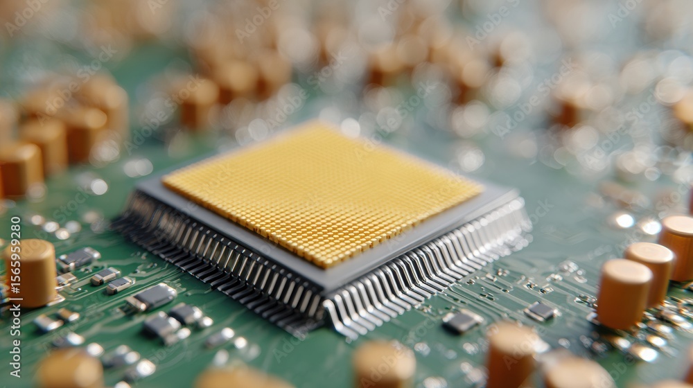 Poster Quantum cloud microprocessor chip with advanced AI circuit board showcasing intricate electronic pathways for machine learning and big data computing