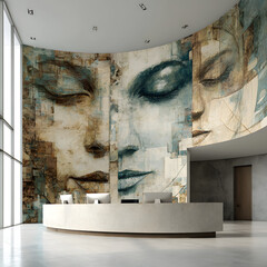 Curved wall mural depicting two stylized female faces, eyes closed, in muted tones; modern reception desk in foreground.