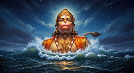 Ai generated image of a powerful depiction of hanuman emerging from the ocean at night