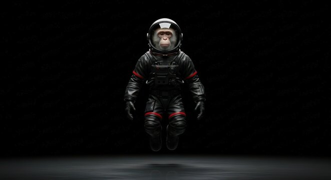 Ai generated image of a monkey in a spacesuit floats in space