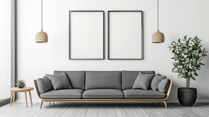 Serene living room scene with a sofa, plant, lamps, & frames against a white wall