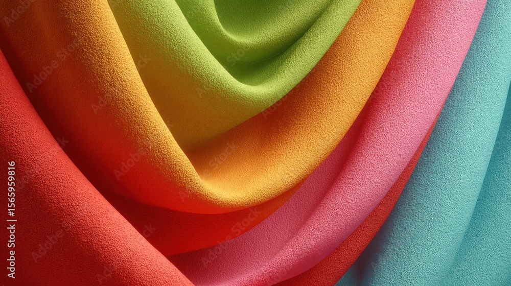 Poster Textured Fabric Drapes in Colorful Gradient Layers Showing Soft Material Detail for Trendy Design and Creative Textile Applications
