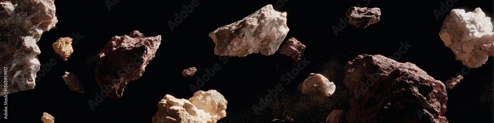 Poster Floating Rocky Debris and Asteroid Fragments with Rugged Texture on Transparent Background for Creative Advertising and Disruption Concept