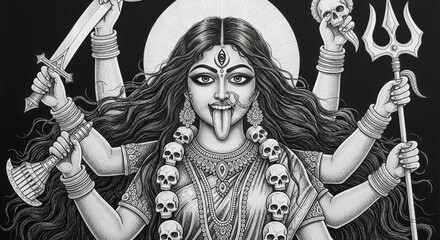 Ai generated image of a fierce kali, depicted in black and white ink, wields weapons