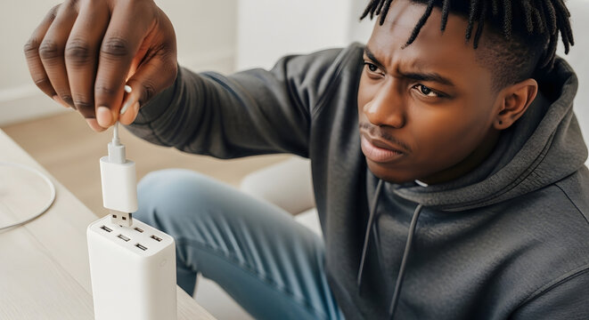 A young man carefully plugs a device into a multi-port charging station.