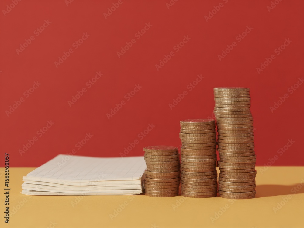 Poster modern finance concept with ascending coin stacks and digital growth graphics representing mutual fu