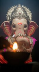 Fototapeta premium Ai generated image of closeup of a ganesh statue with a lit lamp