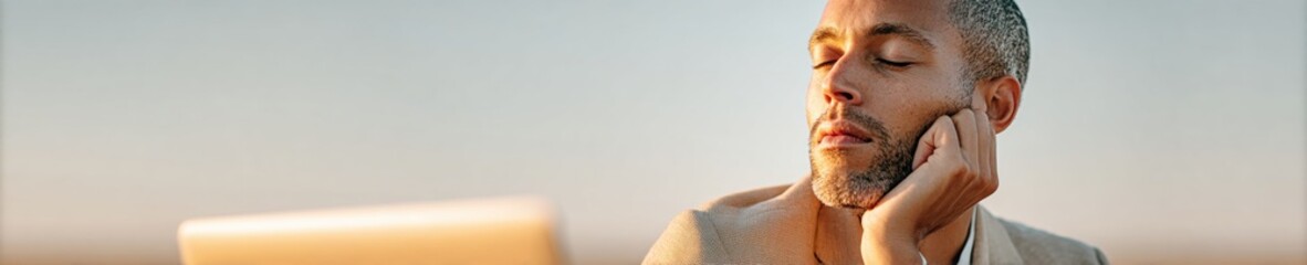 Obraz premium Modern Workplace Fatigue Concept Business Professional Yawning and Dozing Off at Desk with Laptop and Papers Showing Stress and Burnout