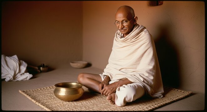 Ai generated image of mahatma gandhi sits peacefully in a simple room