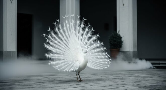 Ai generated image of a white peacock displays its magnificent tail feathers in a grand courtyard