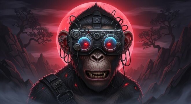 Ai generated image of a cyborg monkey wearing vr glasses under a red moon