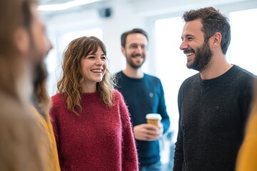Colleagues Smiling and Engaging in a Friendly Conversation in a Modern Office Environment
