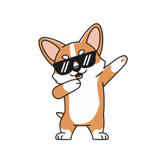 Cute cartoon corgi dog dabbing with sunglasses, Adorable vector illustration of a smiling corgi wearing sunglasses and performing a dab dance move, perfect for fun design projects.

