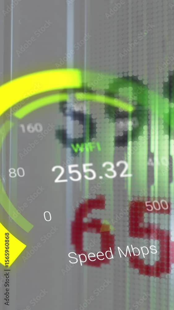 Poster animation of data processing and server room over speedometer
