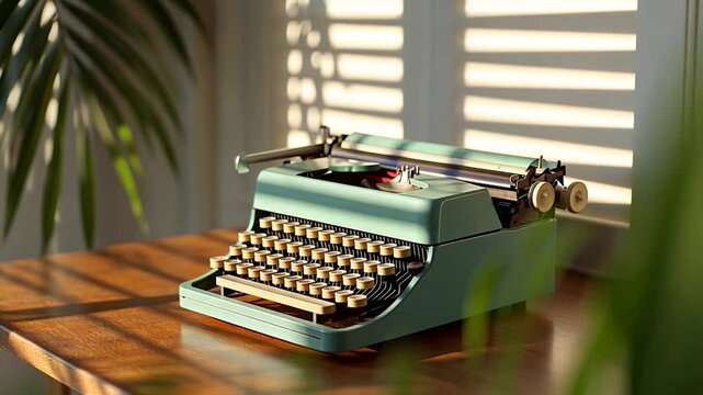 A vintage teal typewriter sits on a wooden desk bathed in sunlight filtering through window blinds. A leafy green plant adds a touch of nature to the nostalgic scene