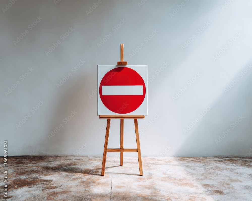Poster minimalist no entry sign on wooden easel in art studio with clean background for institutional use a