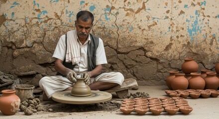 Ai generated image of a craftsman skillfully shapes clay on a pottery wheel