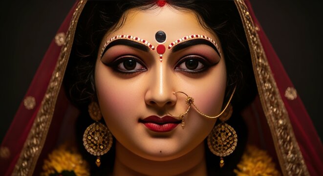 Ai generated image of closeup portrait of a woman with intricate makeup, resembling the goddess durga