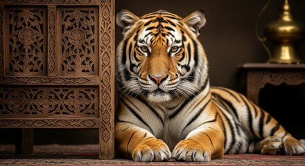 Ai generated image of a majestic tiger rests near an ornate wooden cabinet