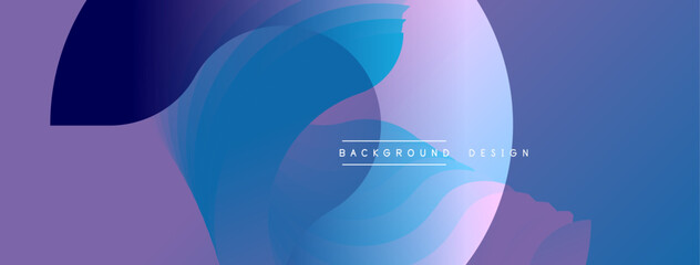 Abstract fluid shapes overlap, creating vibrant purple, blue gradients. Modern design elements suggest dynamic movement, smooth transitions.