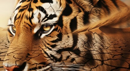 Ai generated image of closeup of a tigers intense gaze over a cracked desert landscape