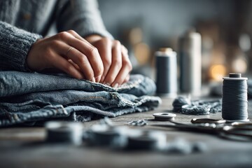 Creative Hands Repairing Denim Fabric with Precision and Care on Table Surrounded by Sewing Tools