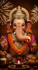 Ai generated image of a beautiful ganesha statue sits adorned with flowers and sweets