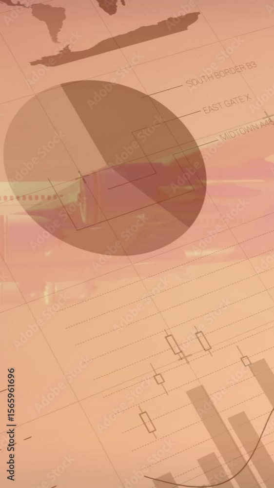 Aufkleber animation of aeroplane flying with charts and data processing over sunset clouds