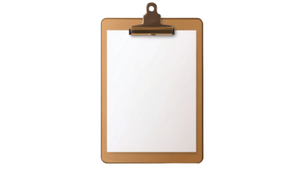 top view of brown clipboard with blank white sheet on white background