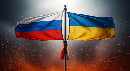Close-Up of Russian and Ukrainian Flags Tied to One Pole, Waving Oppositely with Fire Embers and Particles — Dramatic Conflict Symbol