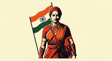 Ai generated image of a strong woman stands proudly holding an indian flag